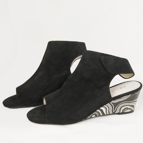 Sacha London Vilma Leather Suede Black White Open Toe Marble Wedge Heel Shoes - Picture 1 of 4